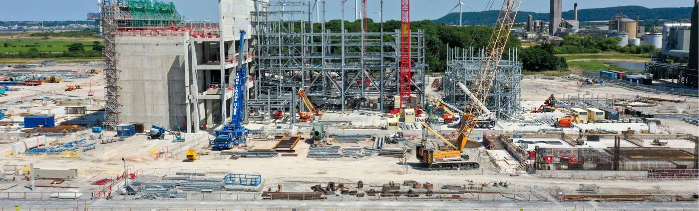 Aerial view of the Protos Energy Park construction site at Ince Marsh, Cheshire